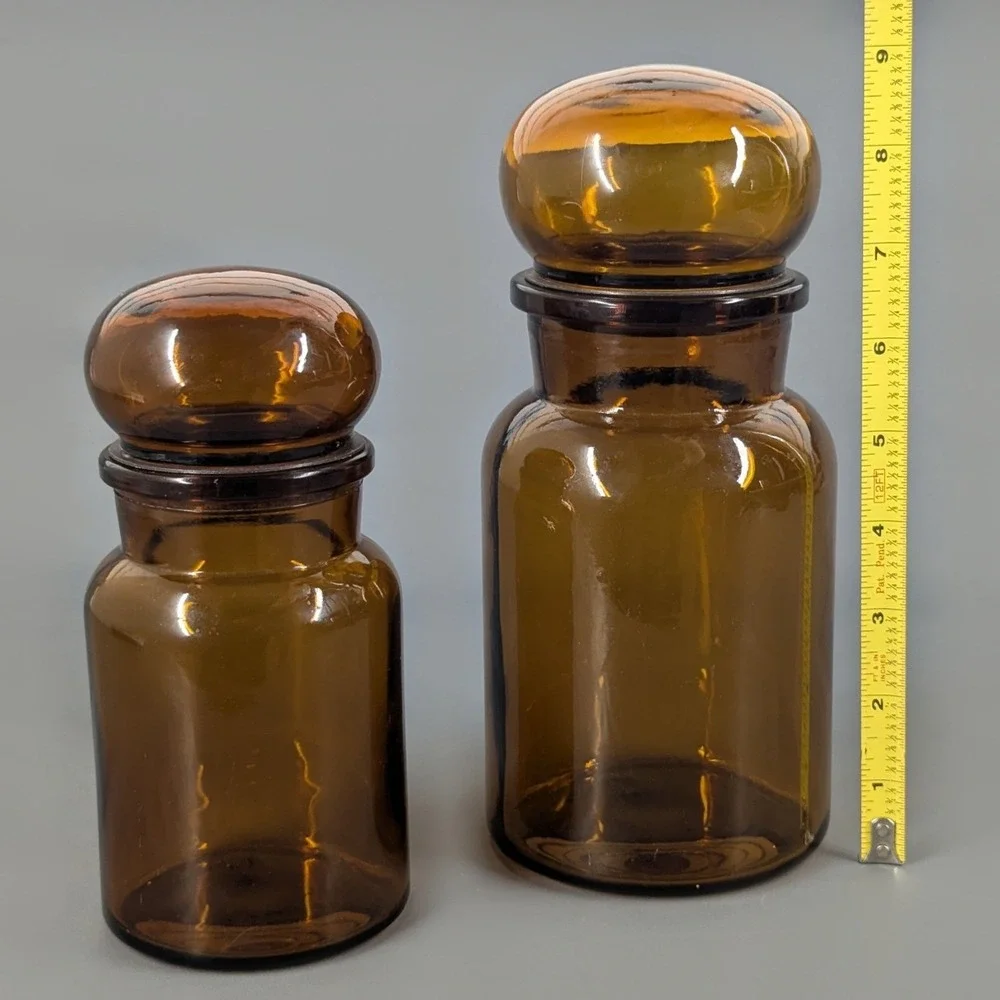 Vintage Amber Glass Apothecary Jar Set Bubble Top Stopper Mid Century Modern